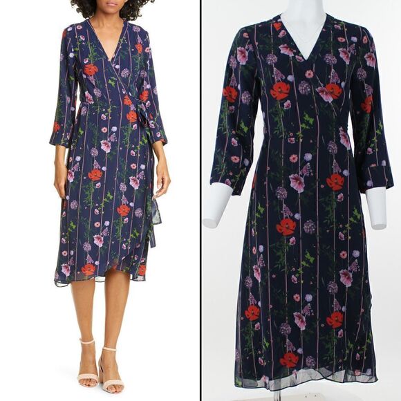 Ted Baker London Hedgerow Floral Stripe Long Sleeve Wrap Dress - Picture 1 of 5